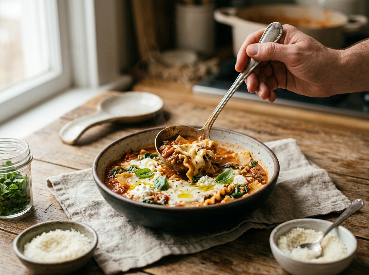 Broken lasagna noodles simmering in a pot of tomato broth