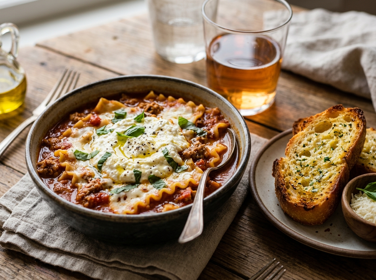 Lasagna soup served with garlic bread and a side salad