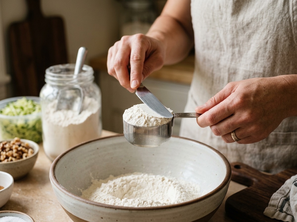 Whisking wet ingredients with shredded zucchini in a mixing bowl