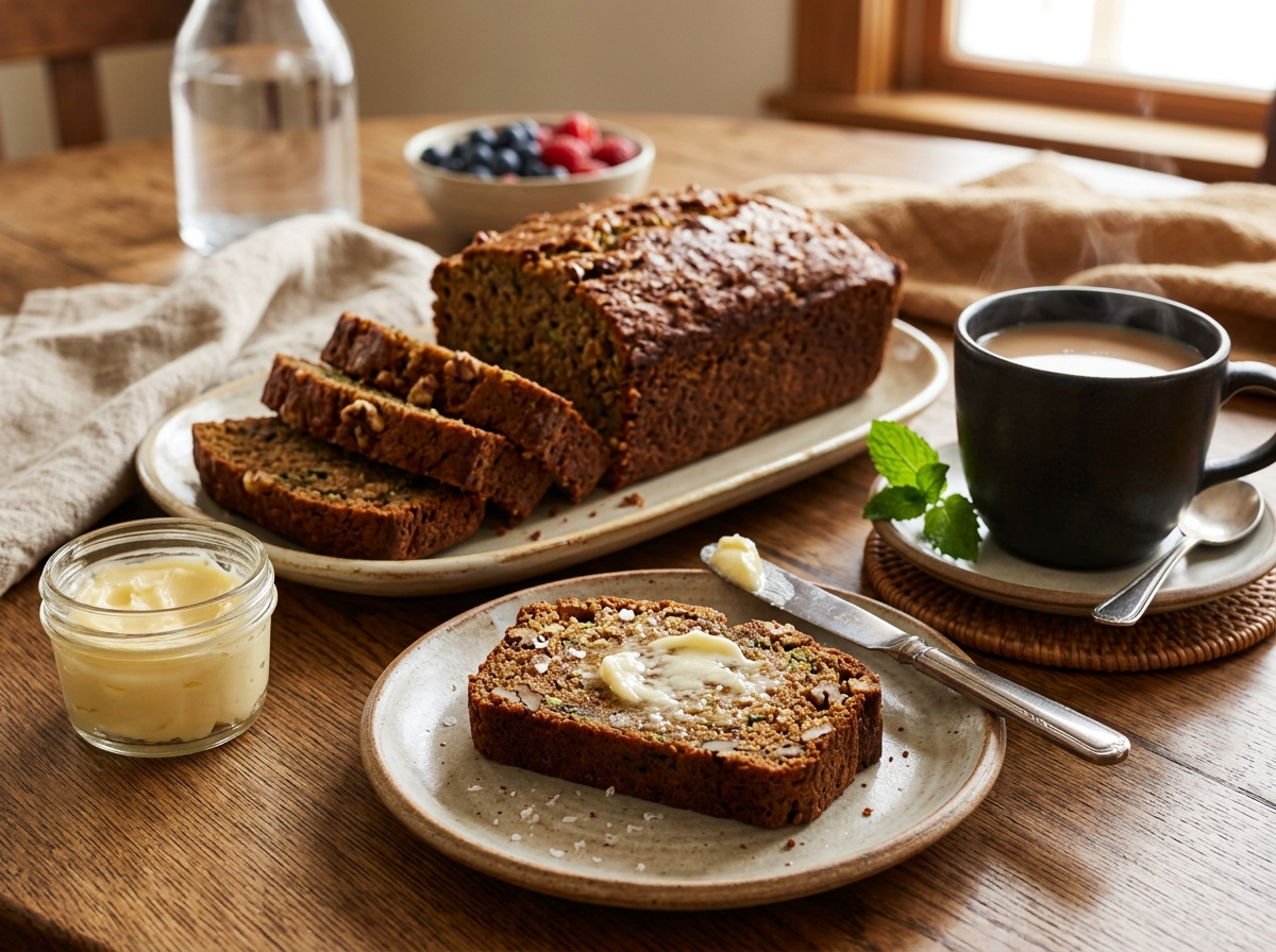 Sliced zucchini bread served with butter and coffee