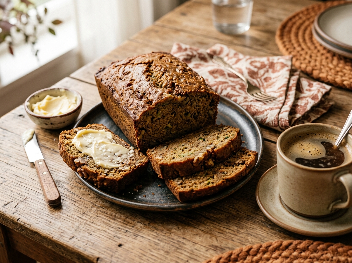 A slice of zucchini bread served with coffee and butter.