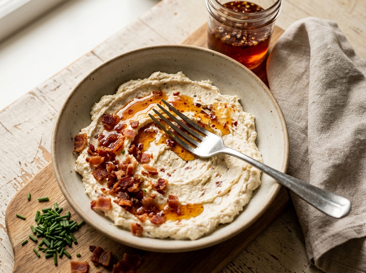 Creamy whipped goat cheese drizzled with hot honey and bacon bits.