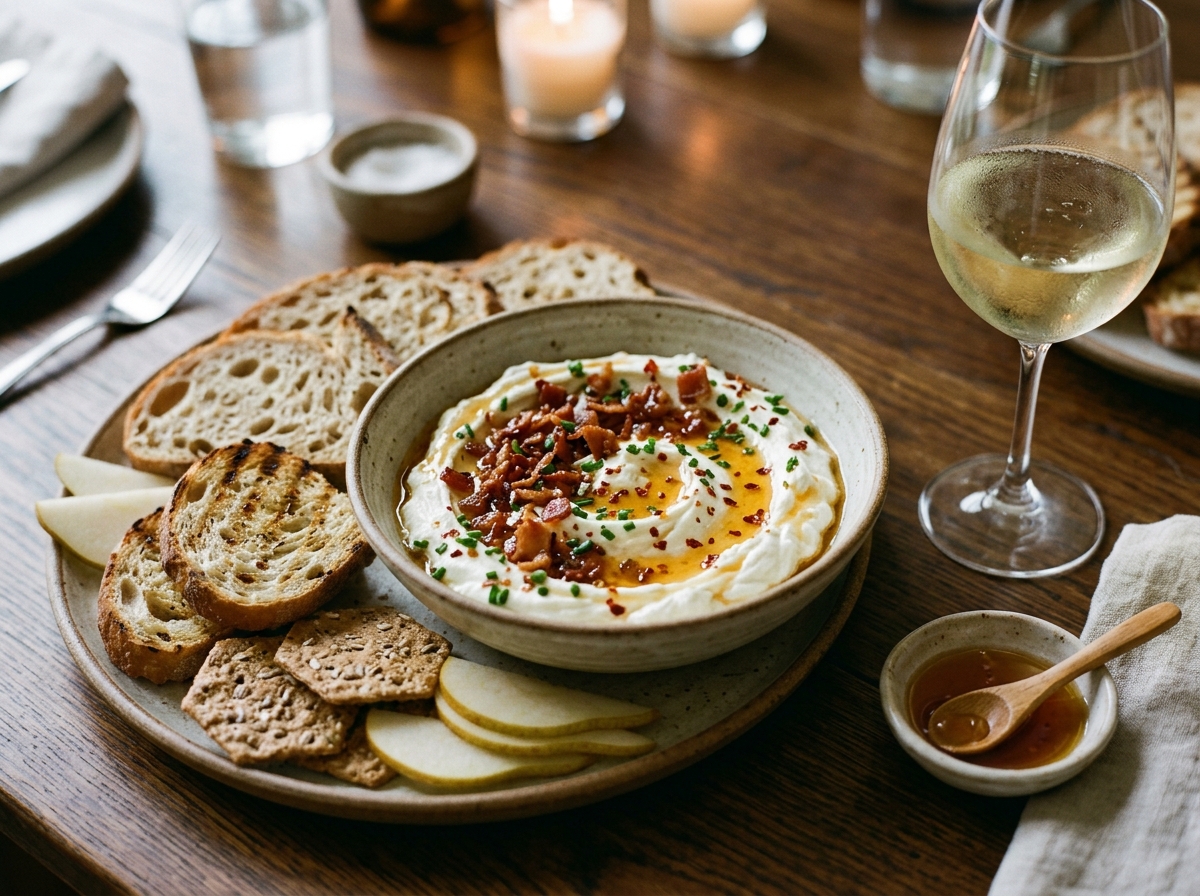 Whipped goat cheese served with crackers and fresh vegetables.