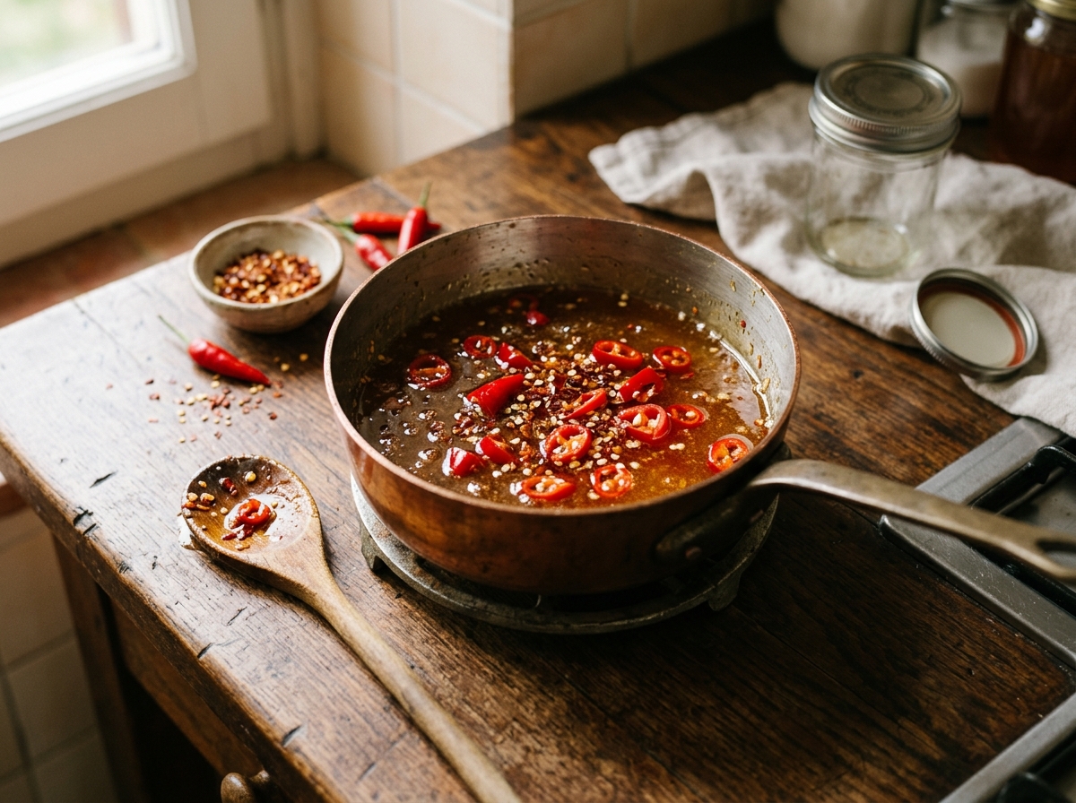 Golden honey simmering with red pepper flakes in a small saucepan.