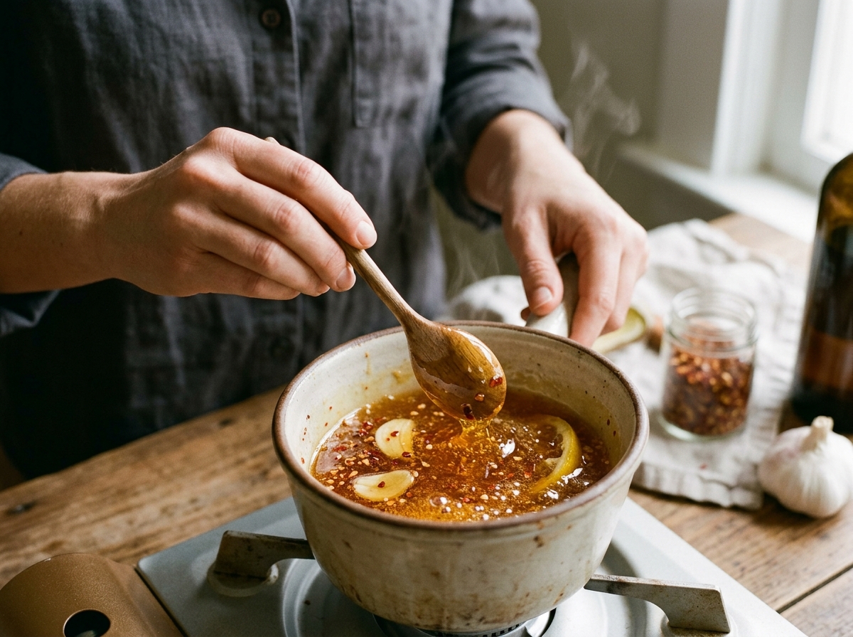 Straining chili flakes from hot honey into a clean glass jar.