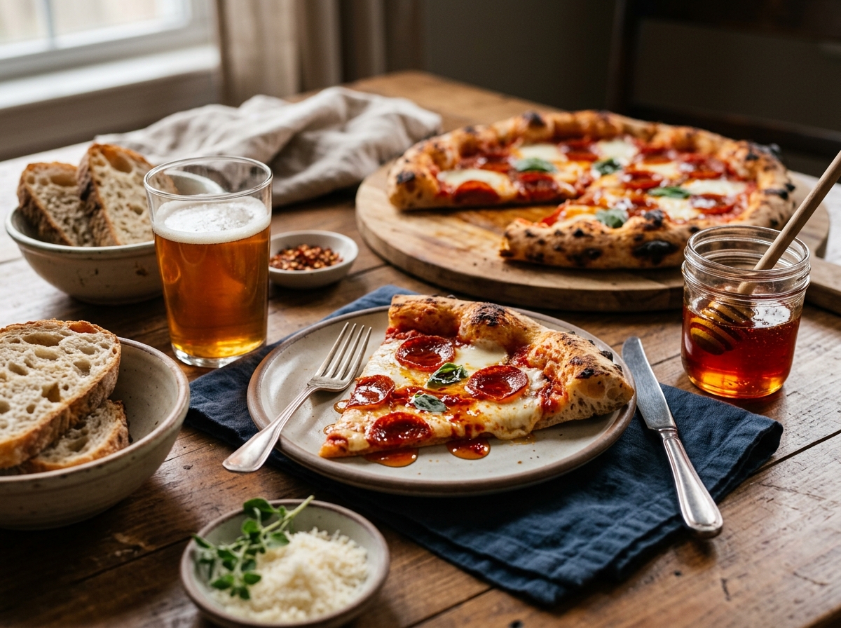 Hot honey drizzled generously over a fresh slice of pizza.