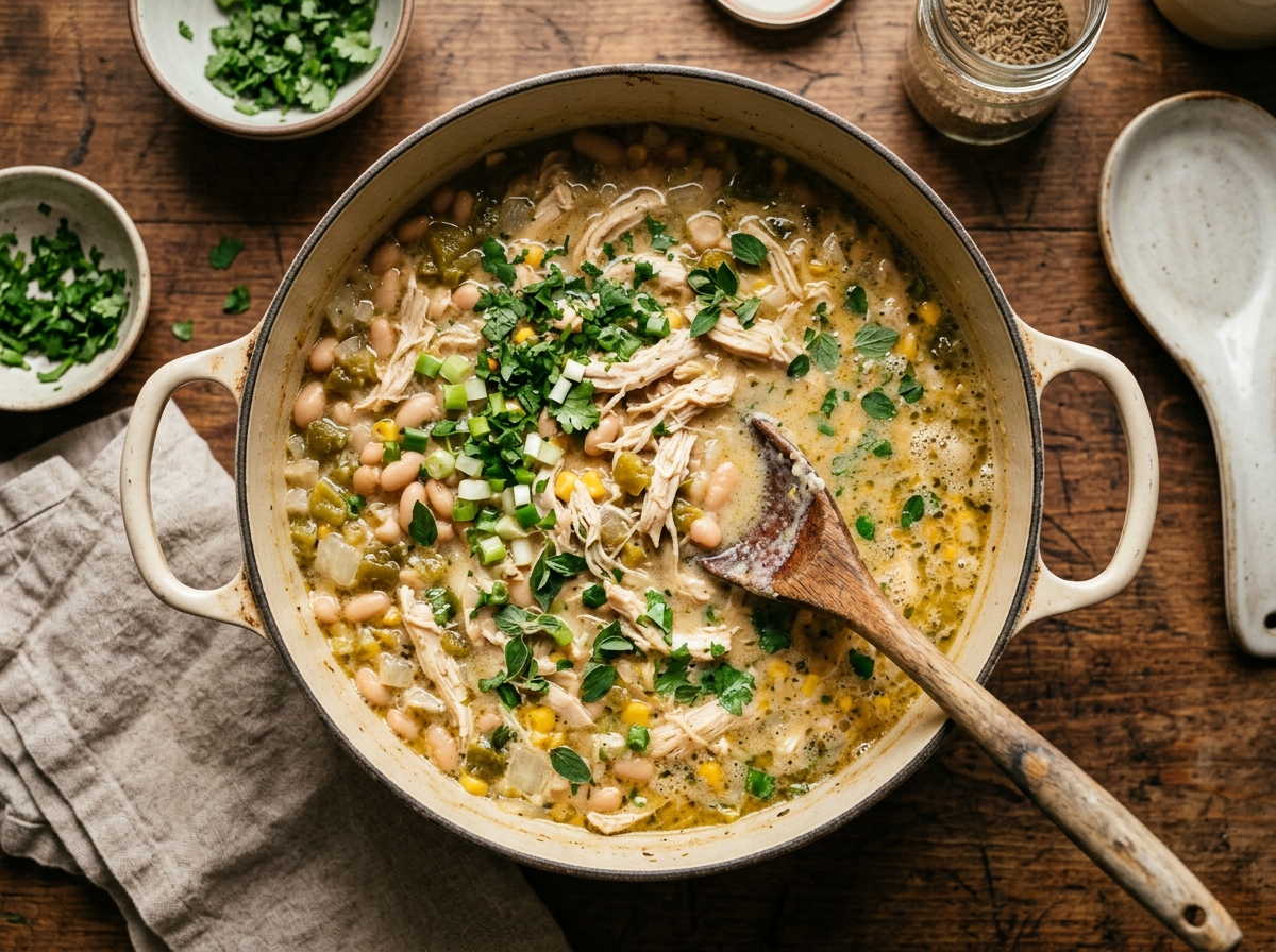 Steaming bowl of creamy white chicken chili topped with cilantro.