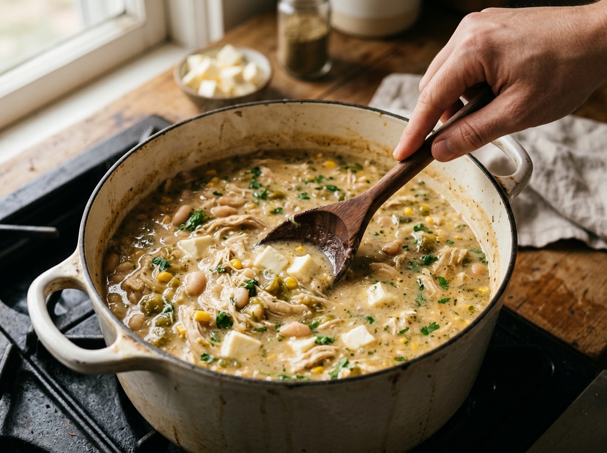 Cook stirring cubed cream cheese into simmering chili broth.