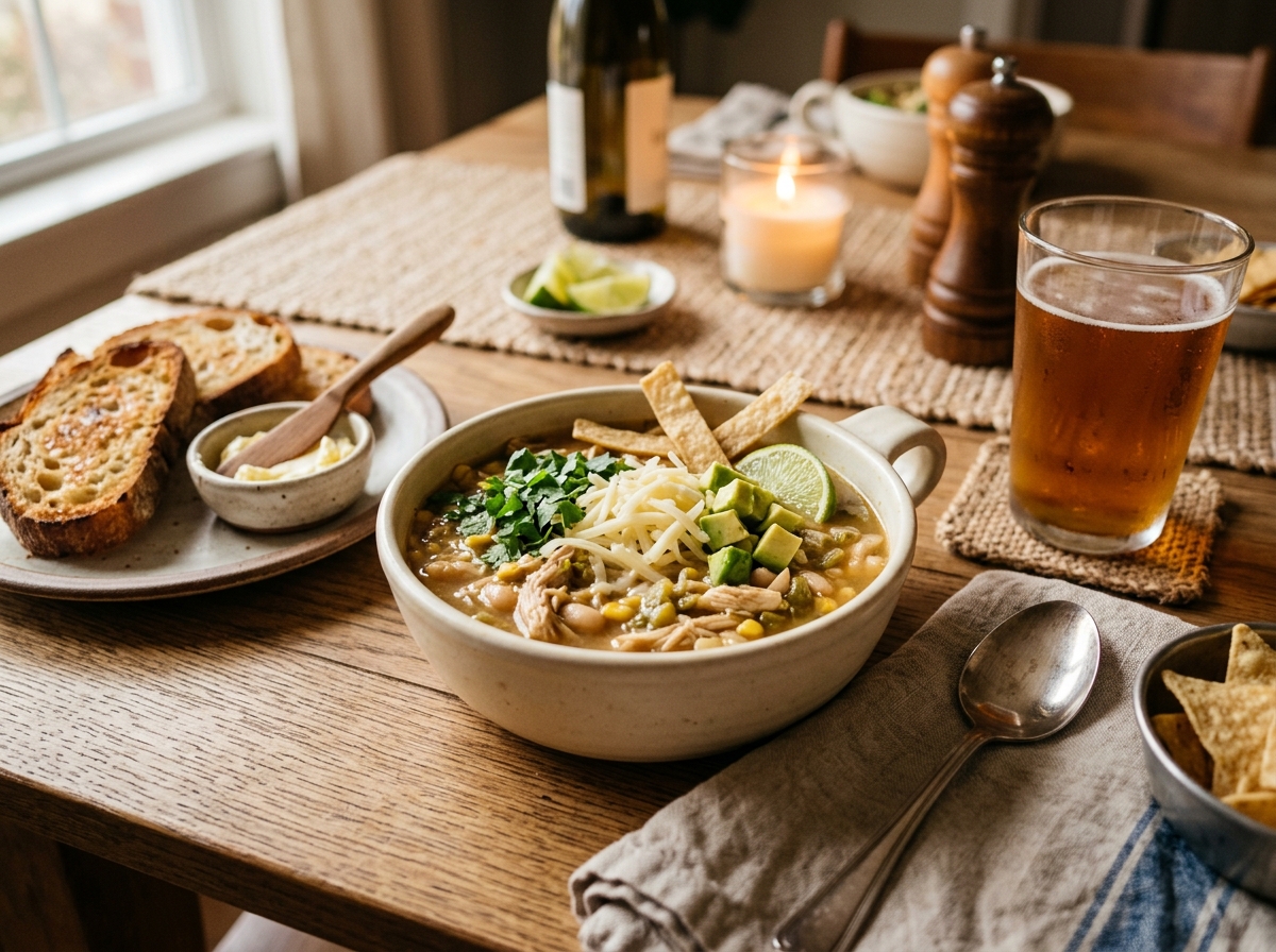 White chicken chili topped with avocado, cheese, and tortilla strips.
