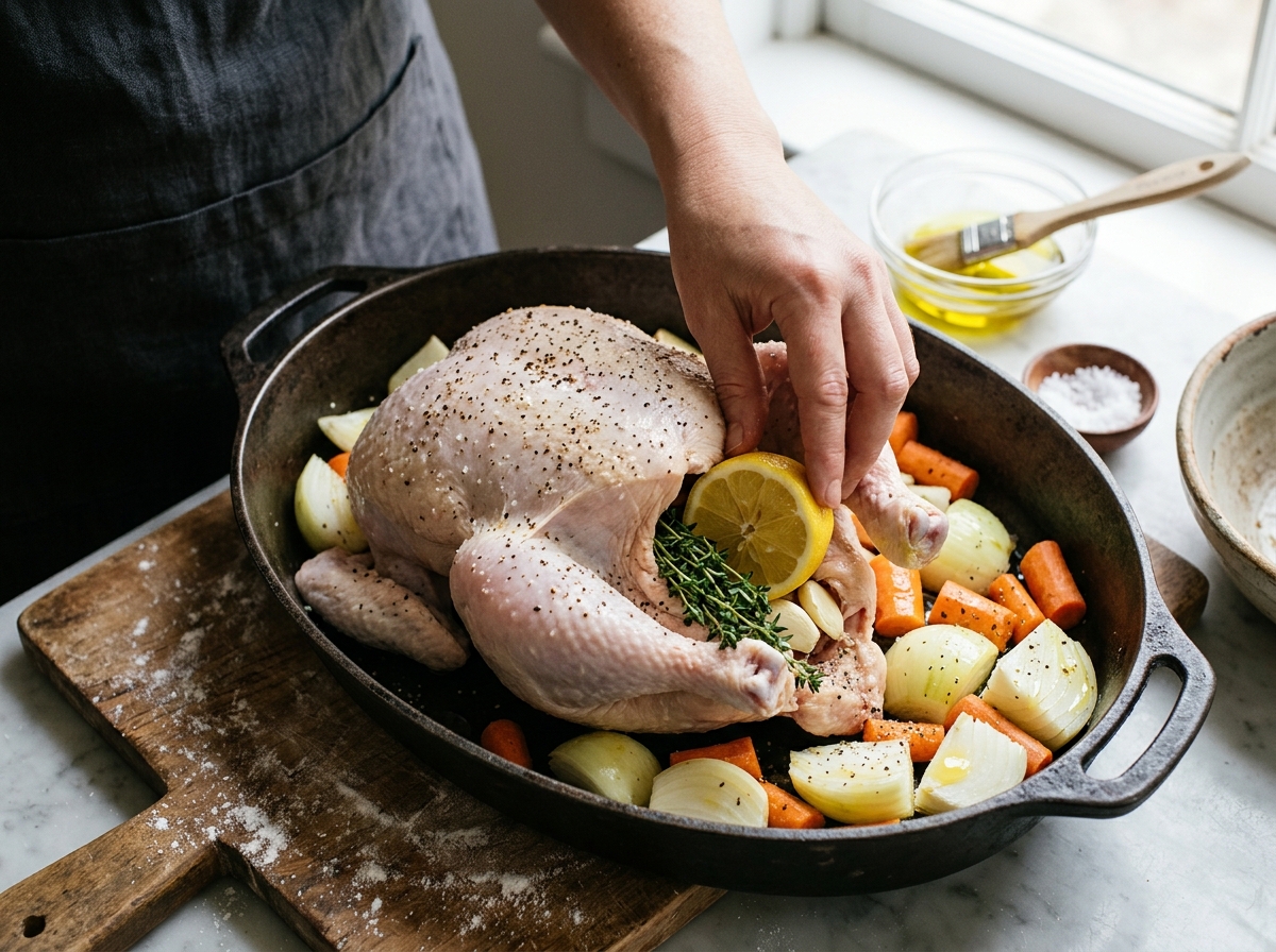 A golden roasted chicken resting on a bed of caramelized vegetables.