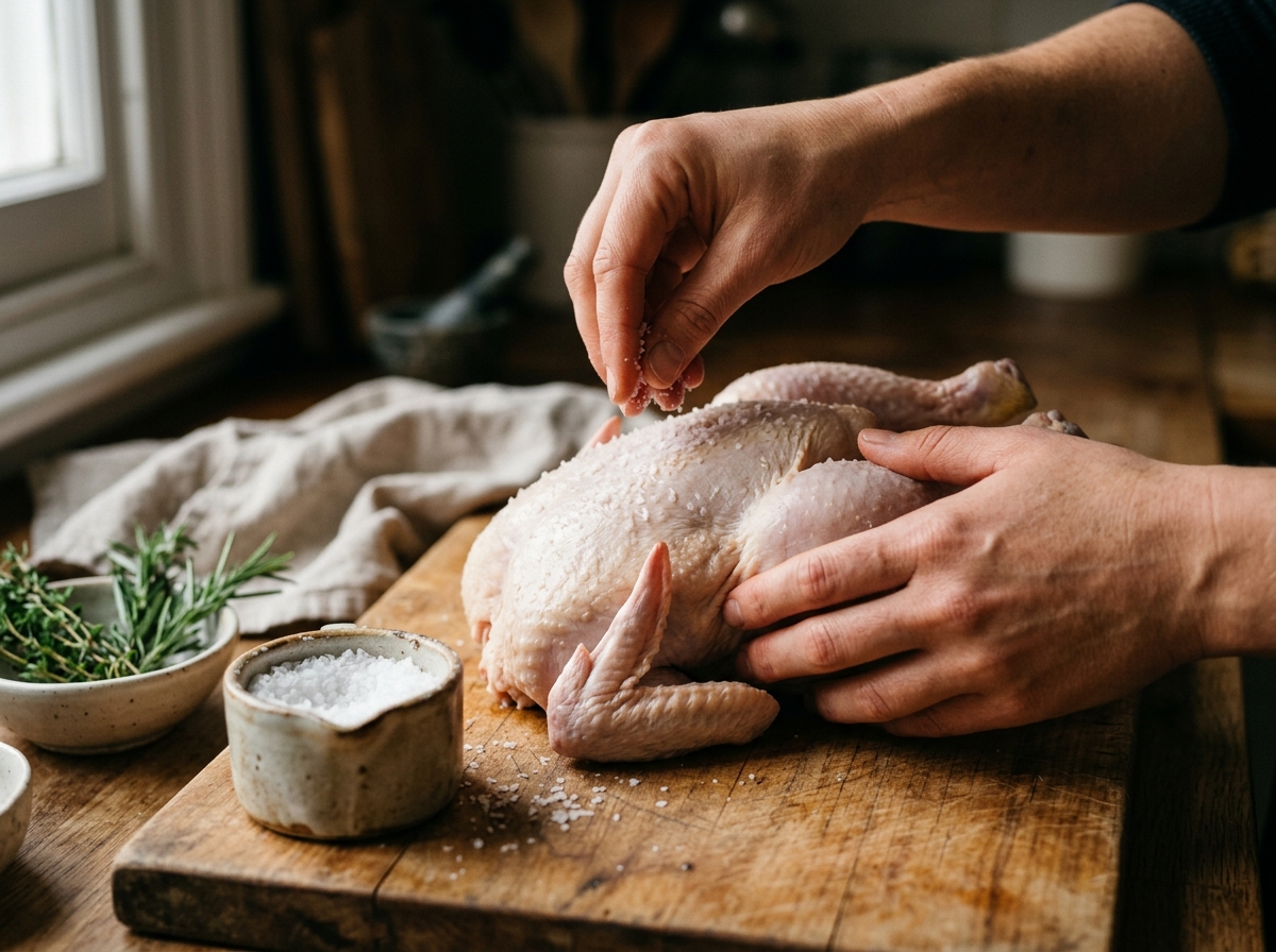 Close-up of chicken skin being brushed with melted butter before roasting.