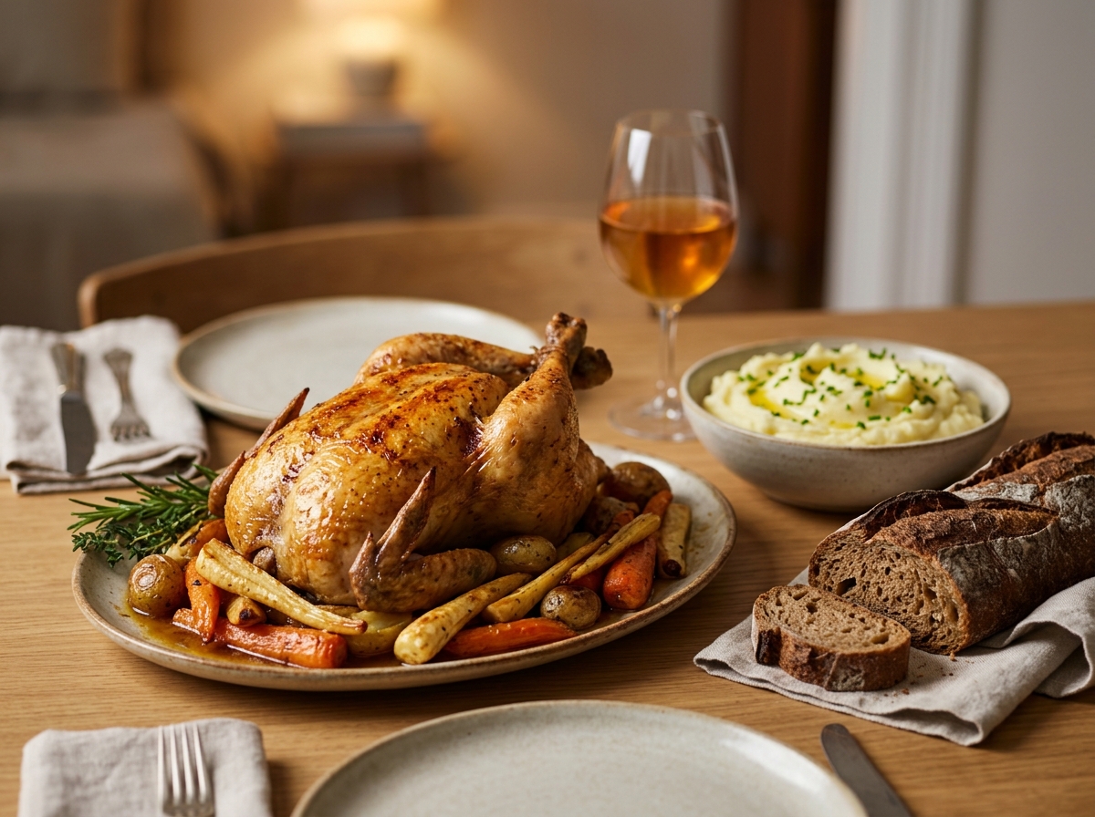 A rustic table setting with roast chicken, vegetables, and wine.