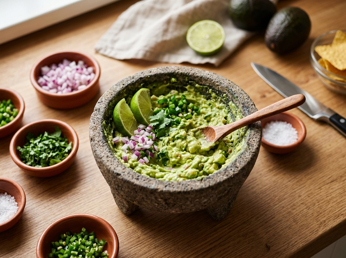 Fresh avocados, lime, cilantro, and jalapeño ready for mashing.