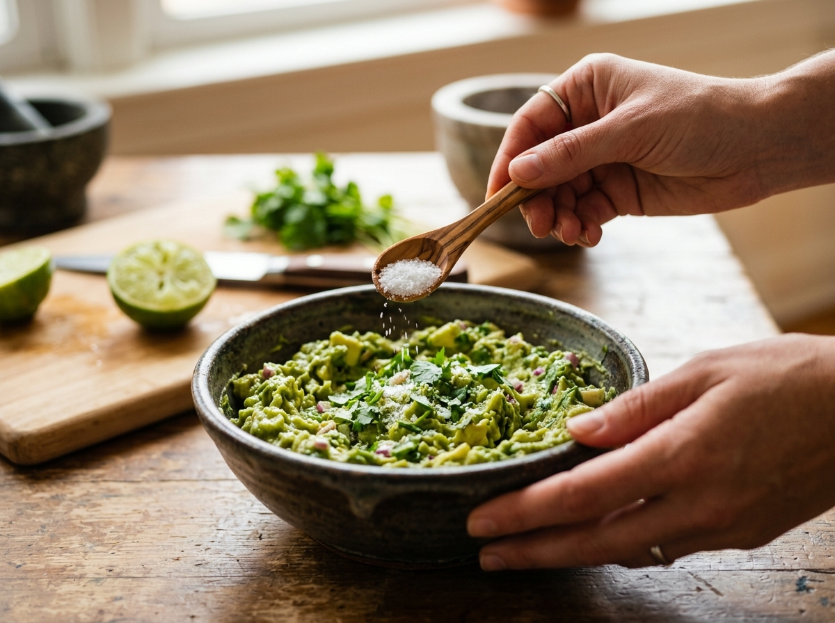 Guacamole being mashed to a chunky, rustic texture in a bowl.