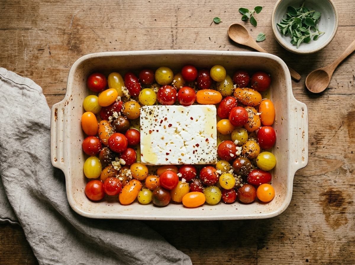 A golden block of feta surrounded by blistered cherry tomatoes.