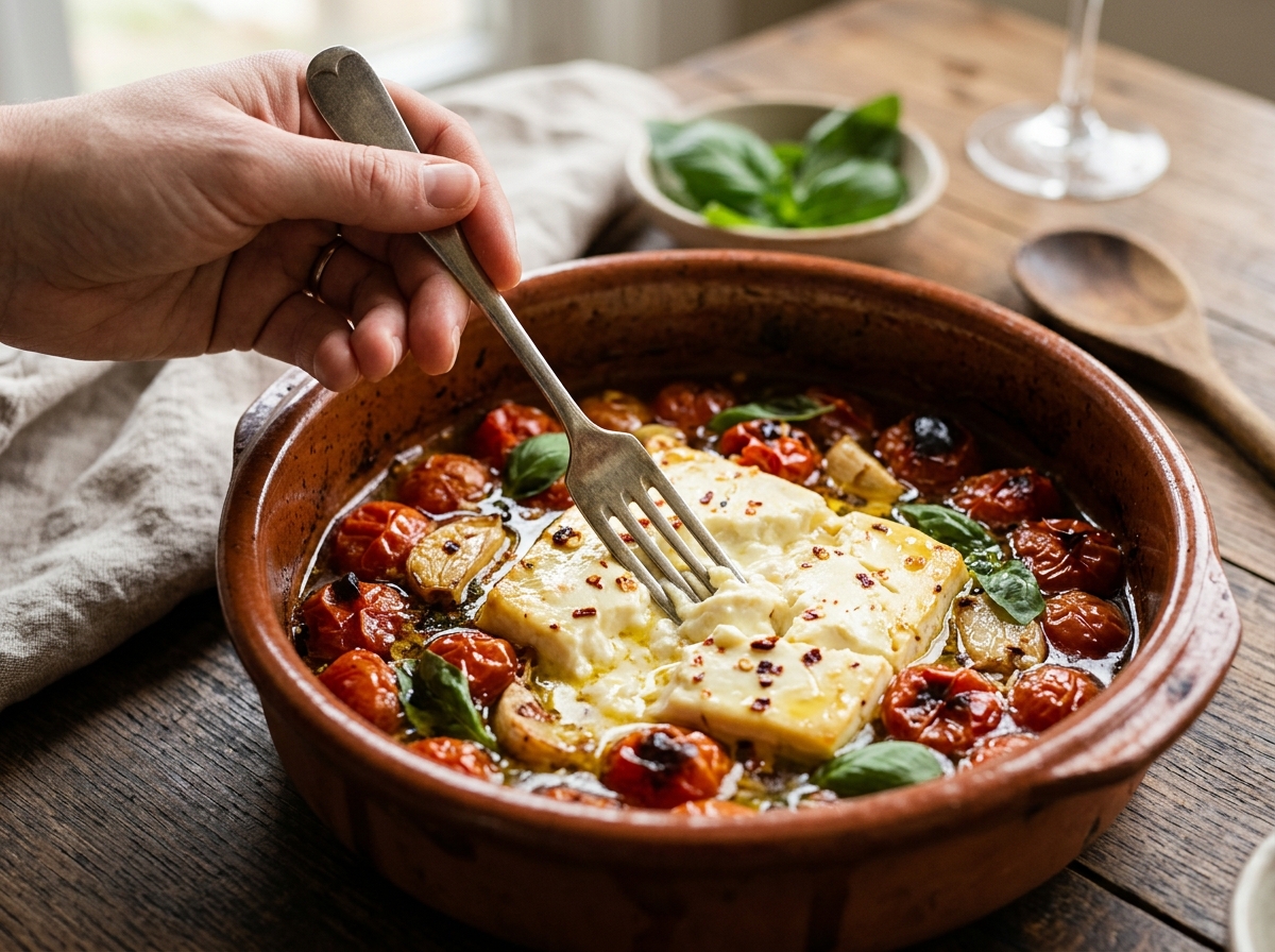 Hands stirring melted feta and tomatoes into a creamy sauce.