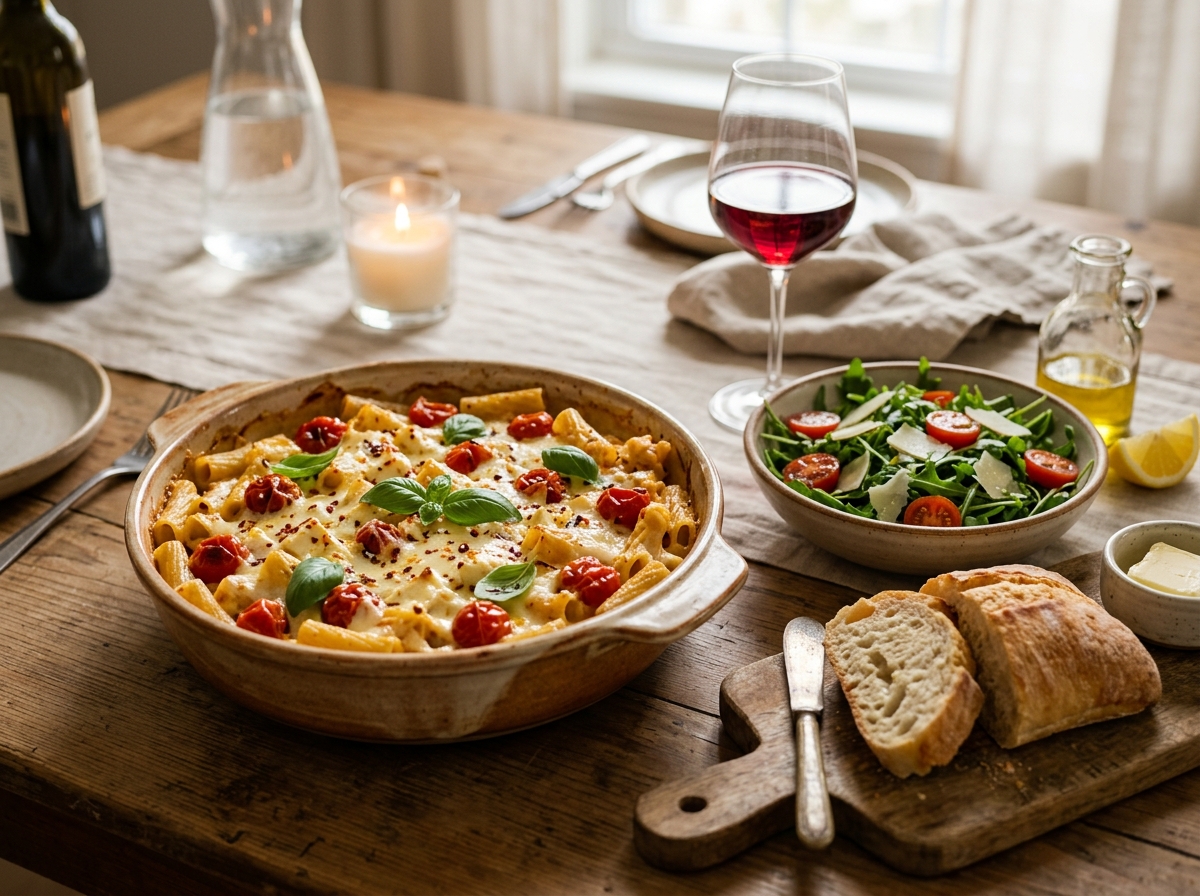 A finished bowl of feta pasta garnished with fresh parsley.
