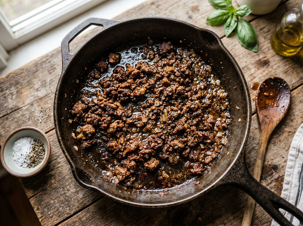 A skillet of glossy, meat-coated spaghetti fresh off the stove.