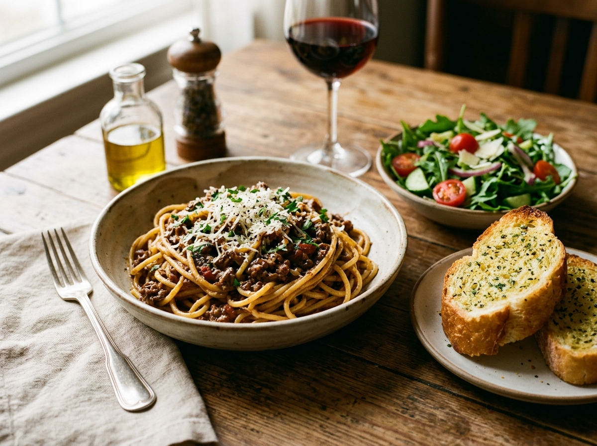 A plated bowl of dirty spaghetti alongside garlic bread and salad.