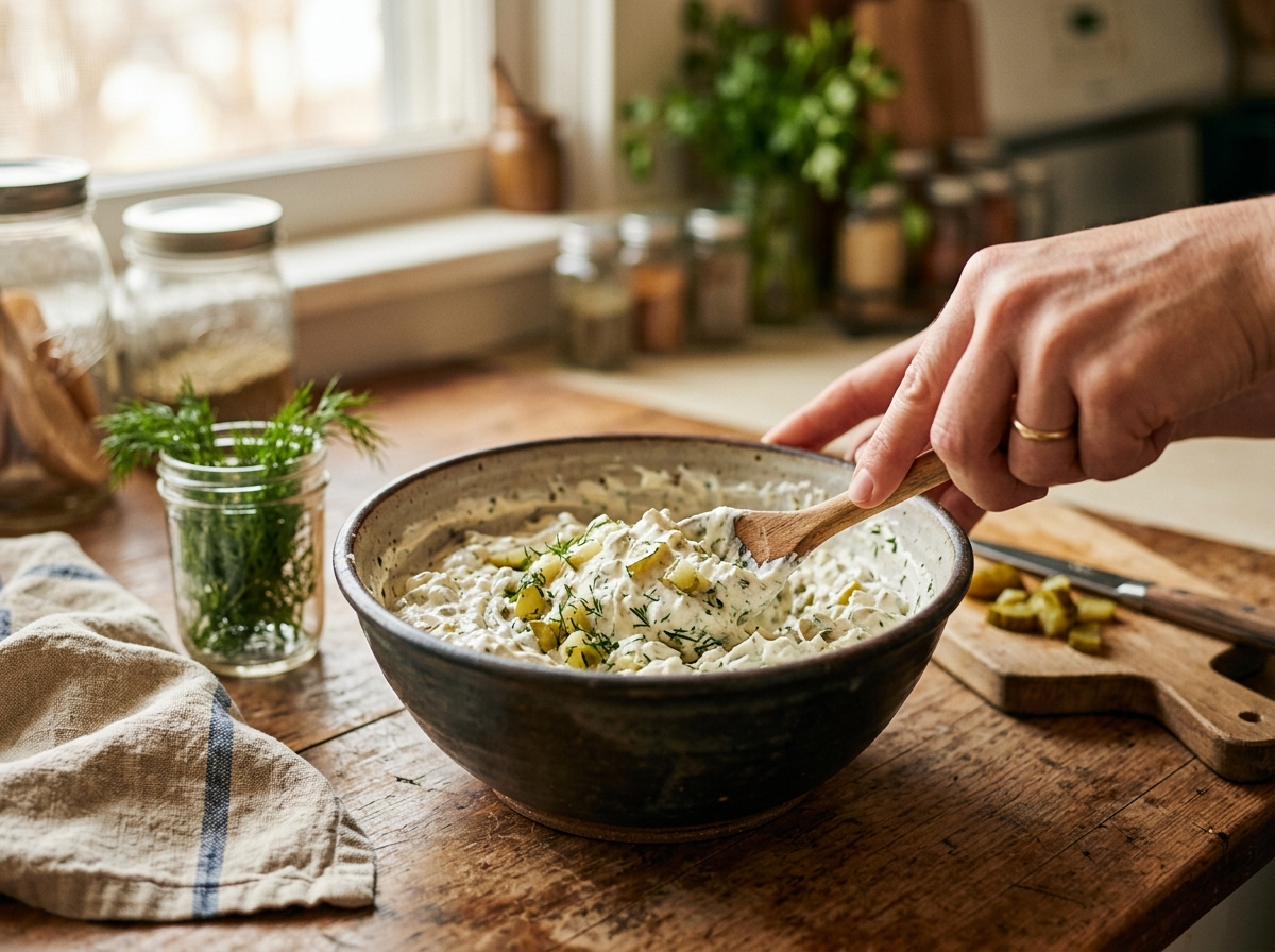 Chopped dill pickles and crumbled bacon being folded into dip.
