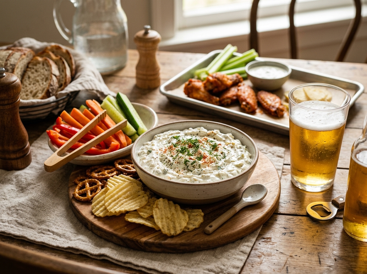 Pickle dip served with potato chips and celery on a platter.