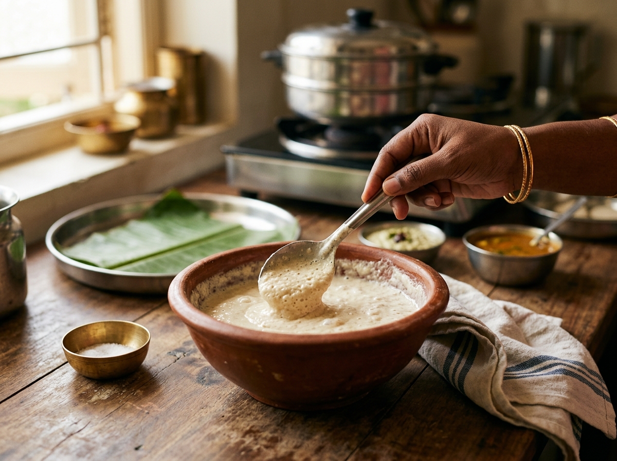 Golden paniyaram cooking in a traditional cast-iron pan.