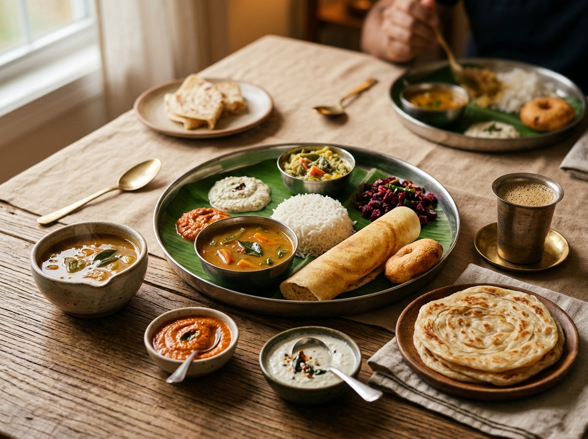 A close-up of dosa being dipped into a bowl of sambar.
