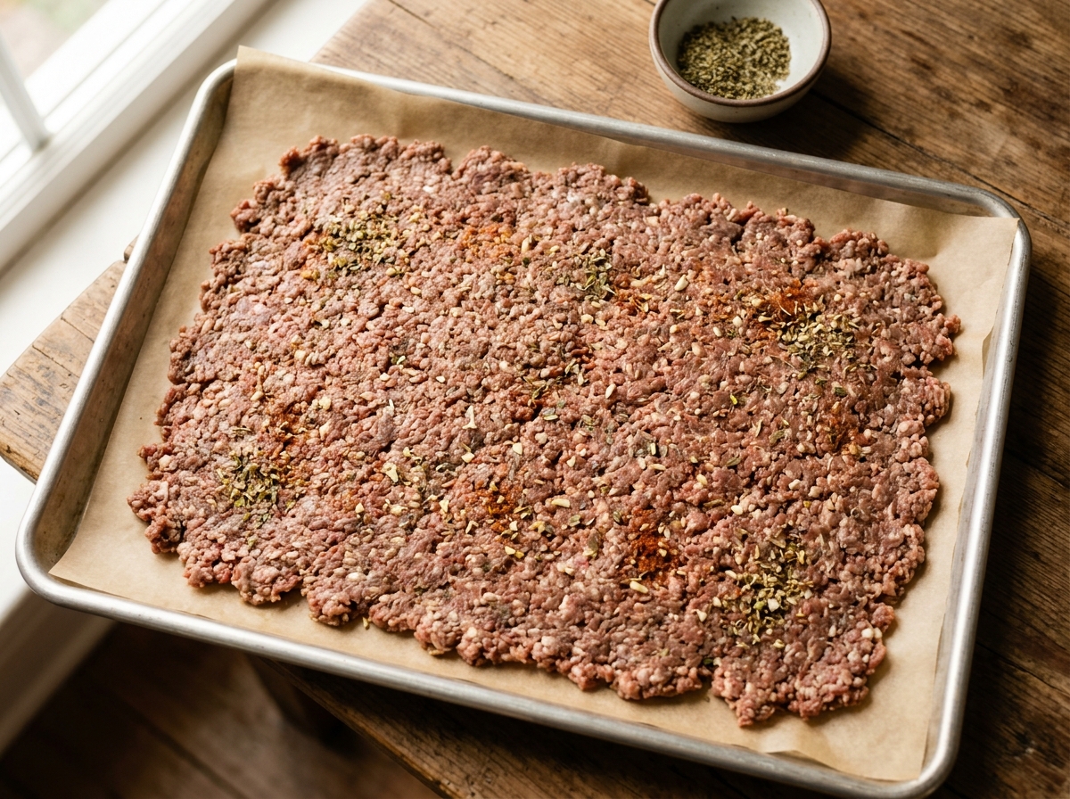 Torn pieces of spiced gyro meat crisping under the broiler.