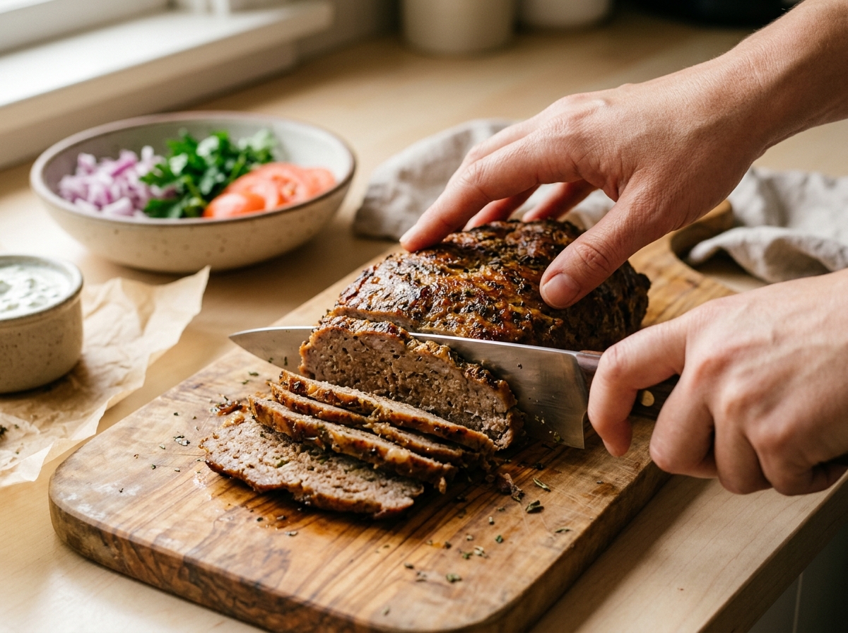 Rolling seasoned lamb and beef between sheets of parchment paper.