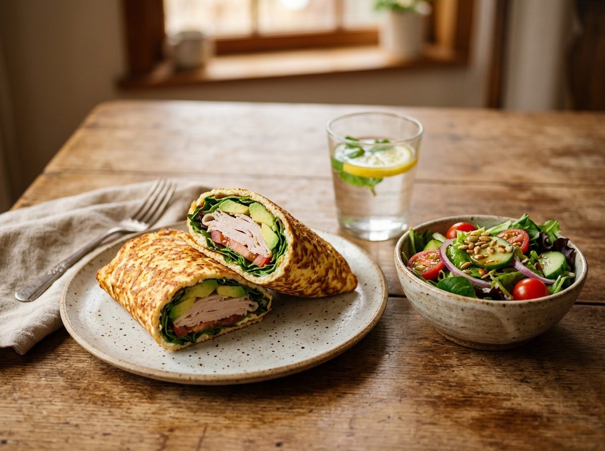 Cottage cheese wrap filled with turkey, avocado, and greens.