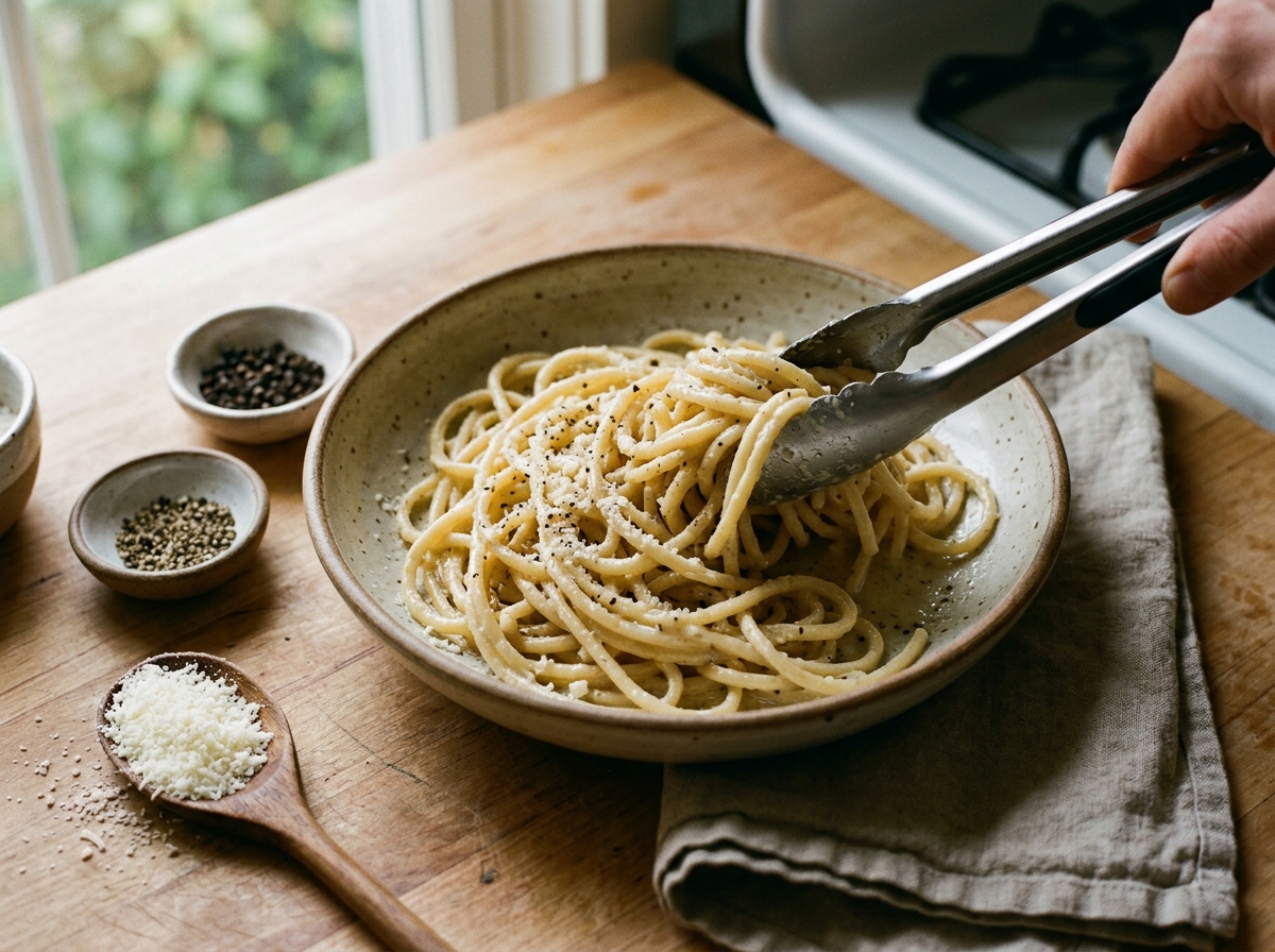 Glossy strands of cacio e pepe twirled in a warmed bowl.