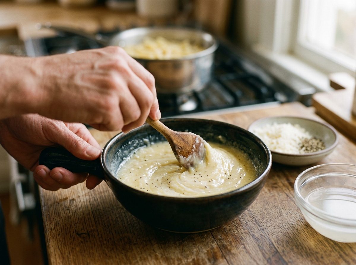 Cheese paste being processed into a smooth, yogurt-like consistency.