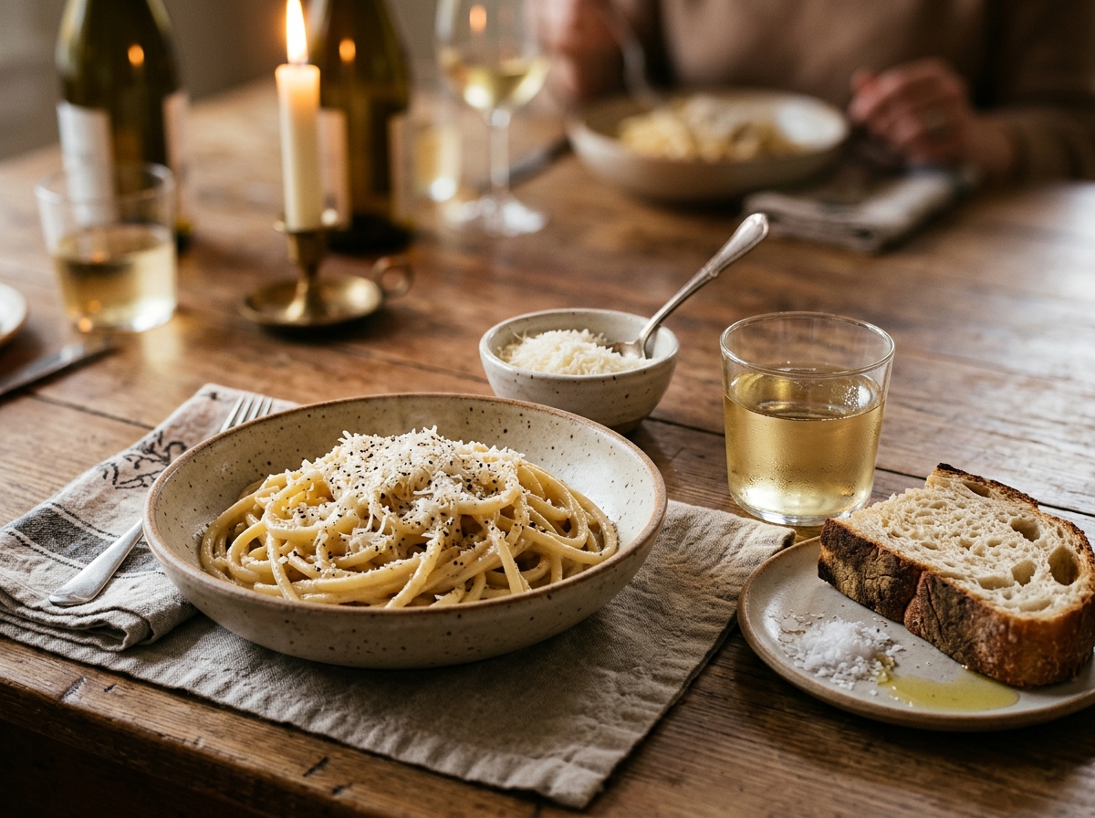 A finished plate of cacio e pepe with grated cheese and cracked pepper.