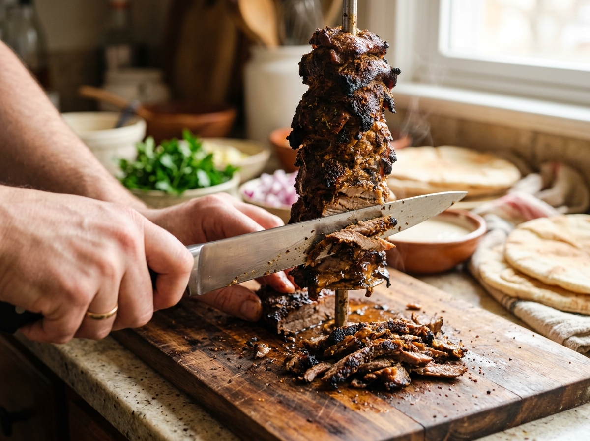 Thin sheet of spiced beef browning in a hot skillet