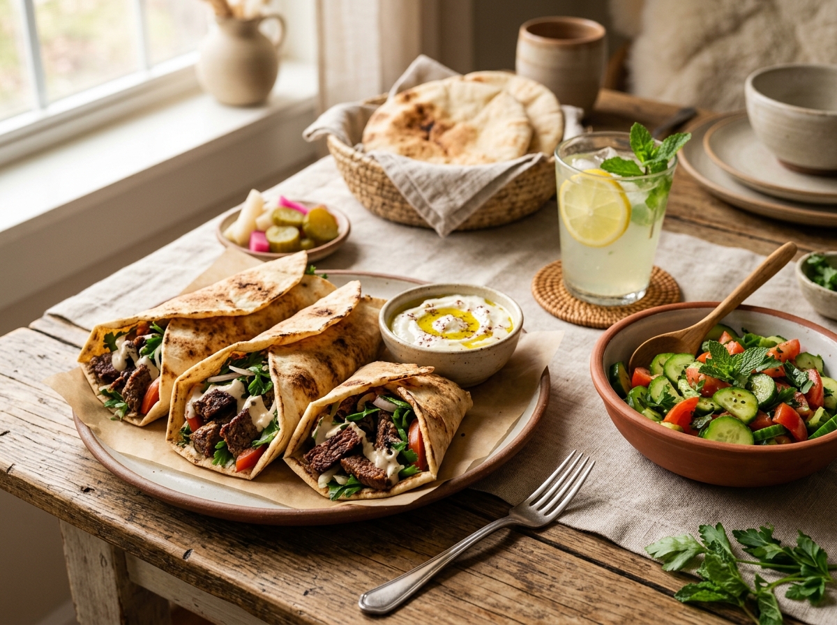 Shawarma wraps served with fries and pickles on a platter