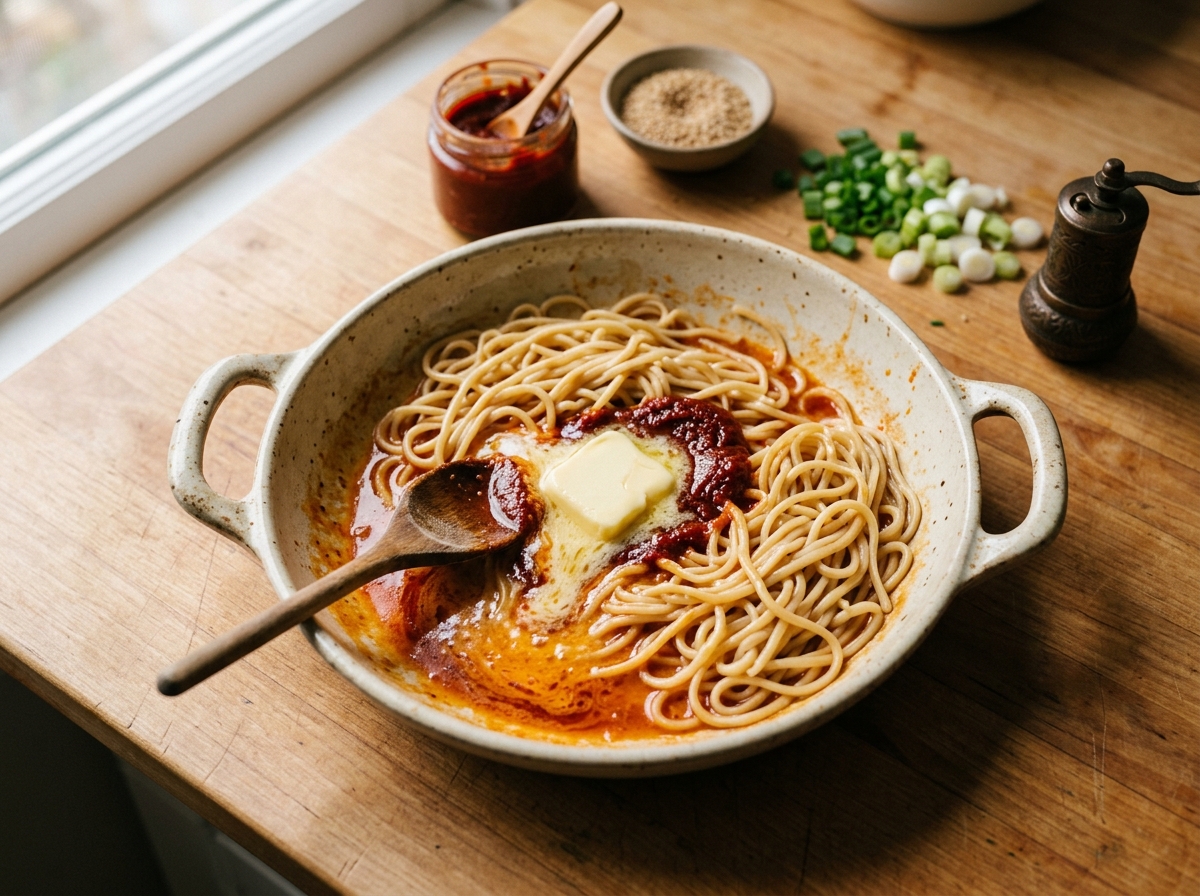 Glossy noodles coated in a rich gochujang butter sauce.