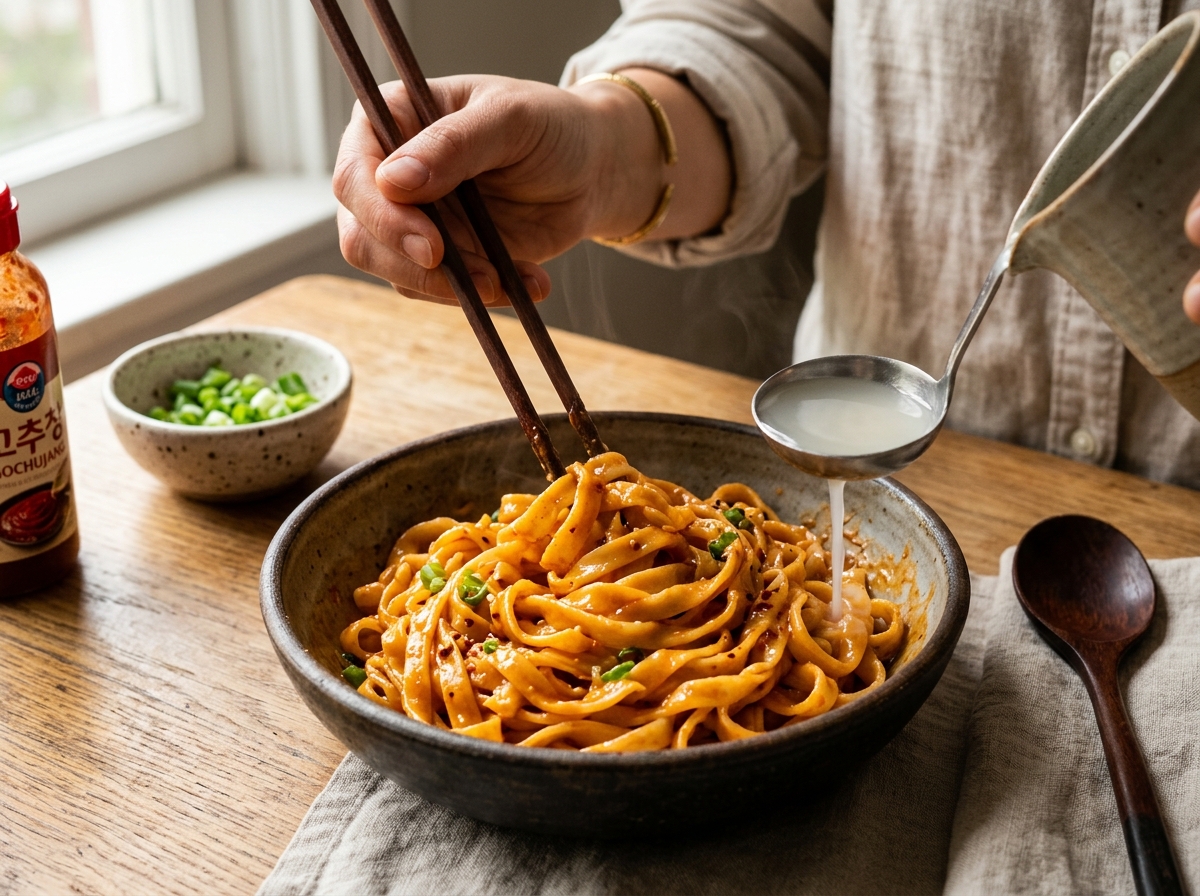 Cook sautéing garlic in butter before adding gochujang.