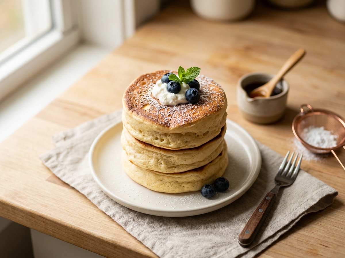 Stack of tall, golden souffle pancakes jiggling on a plate.