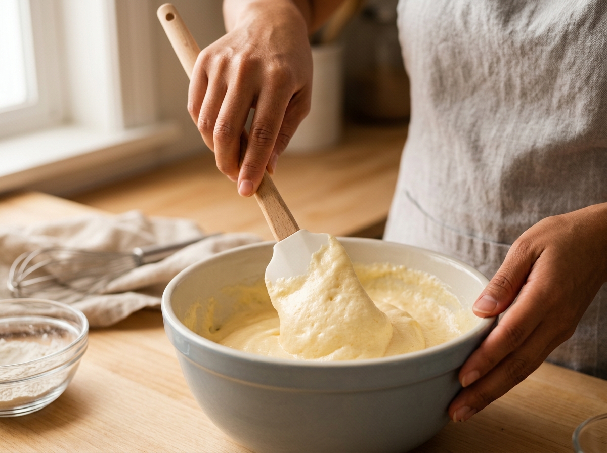 Folding whipped egg whites gently into pancake batter.