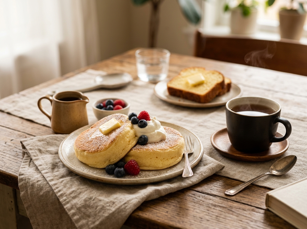 Souffle pancakes topped with powdered sugar and fresh berries.