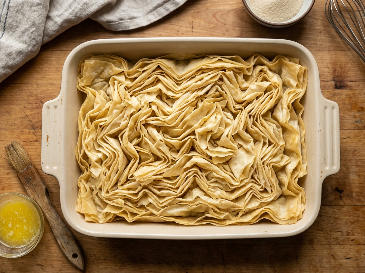 Crinkled phyllo sheets fanned into a baking dish before the first bake.