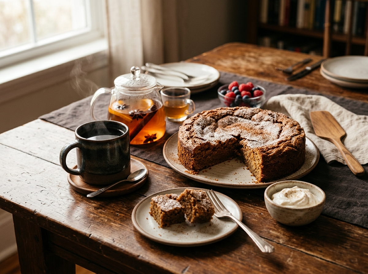A slice of crinkle cake plated with pistachios and tea.