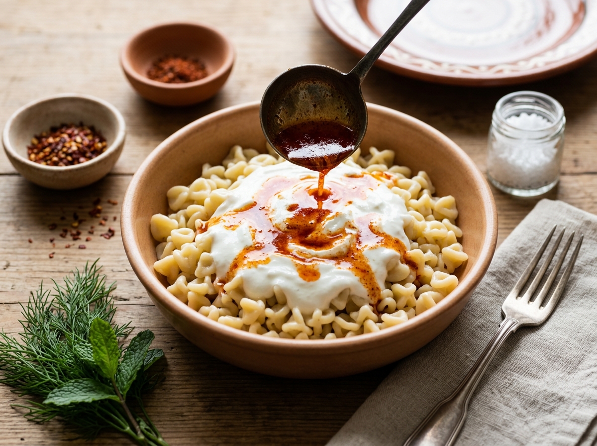 Bowl of orecchiette topped with yogurt sauce and spiced beef.
