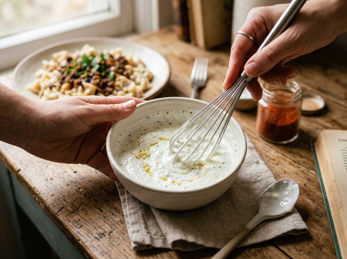 Paprika butter being drizzled over the finished pasta.