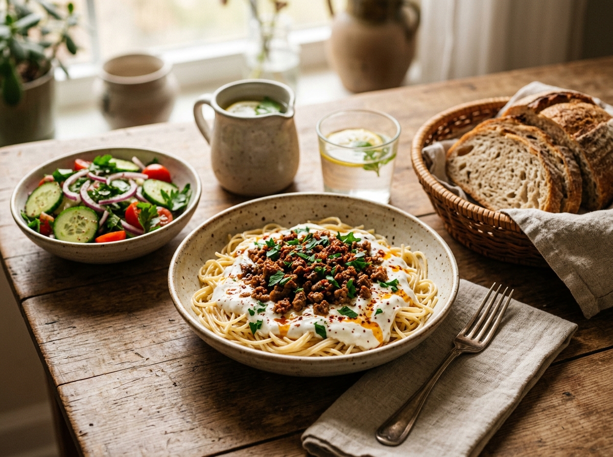 Turkish pasta plated with a side salad and pita bread.