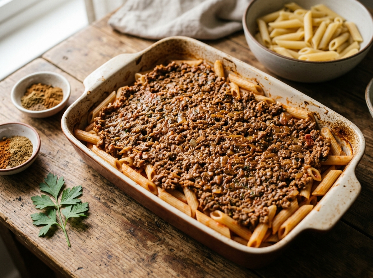 A golden, bubbling baked pasta casserole fresh from the oven.