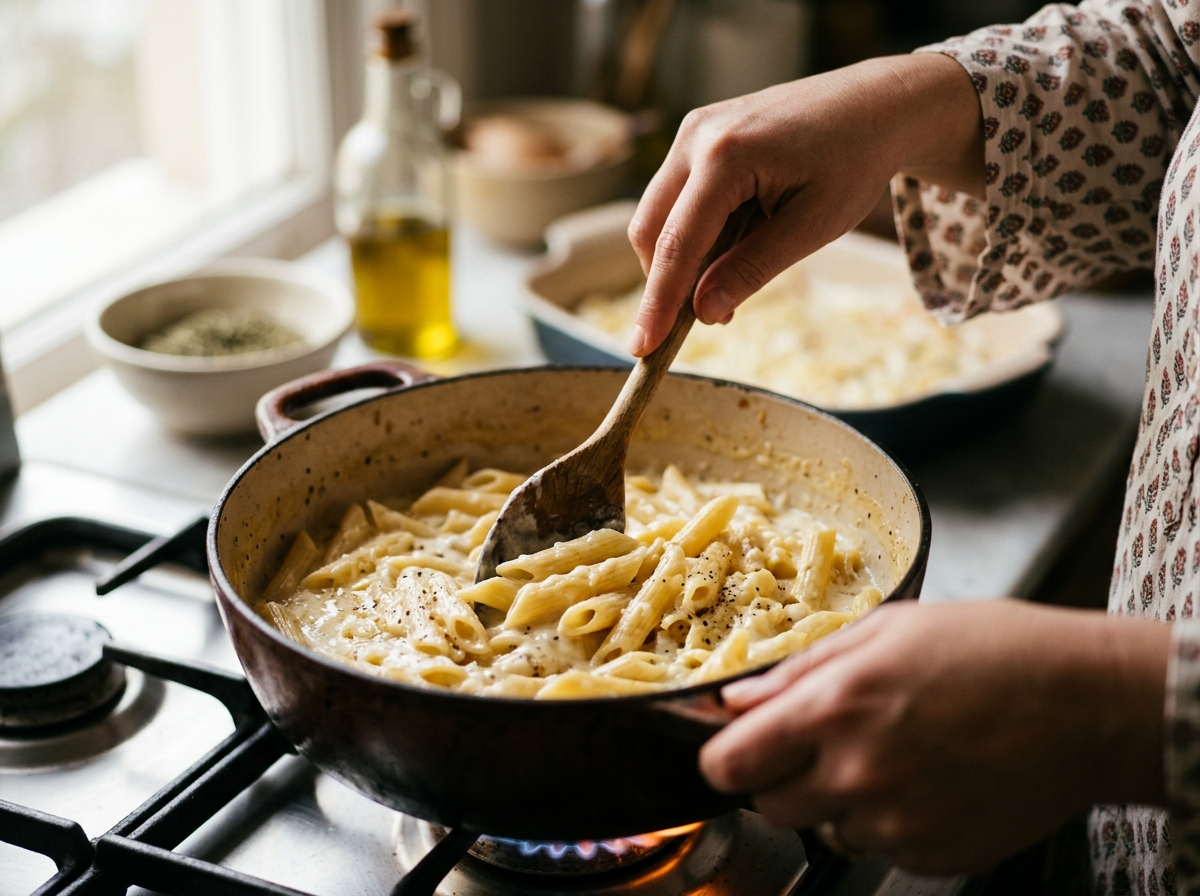 Whisking milk into a roux to create smooth bechamel sauce.