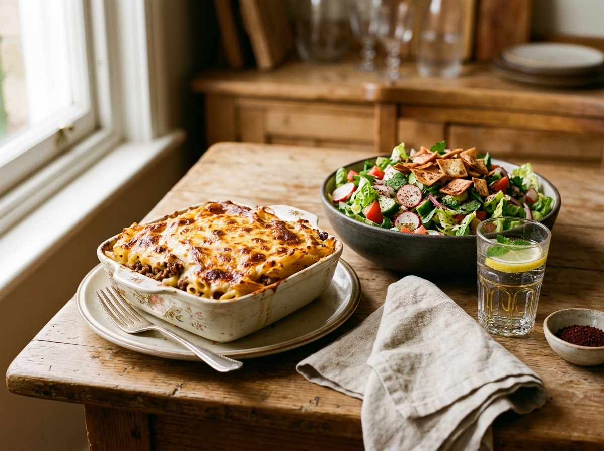 A slice of pasta bake served with a fresh side salad.