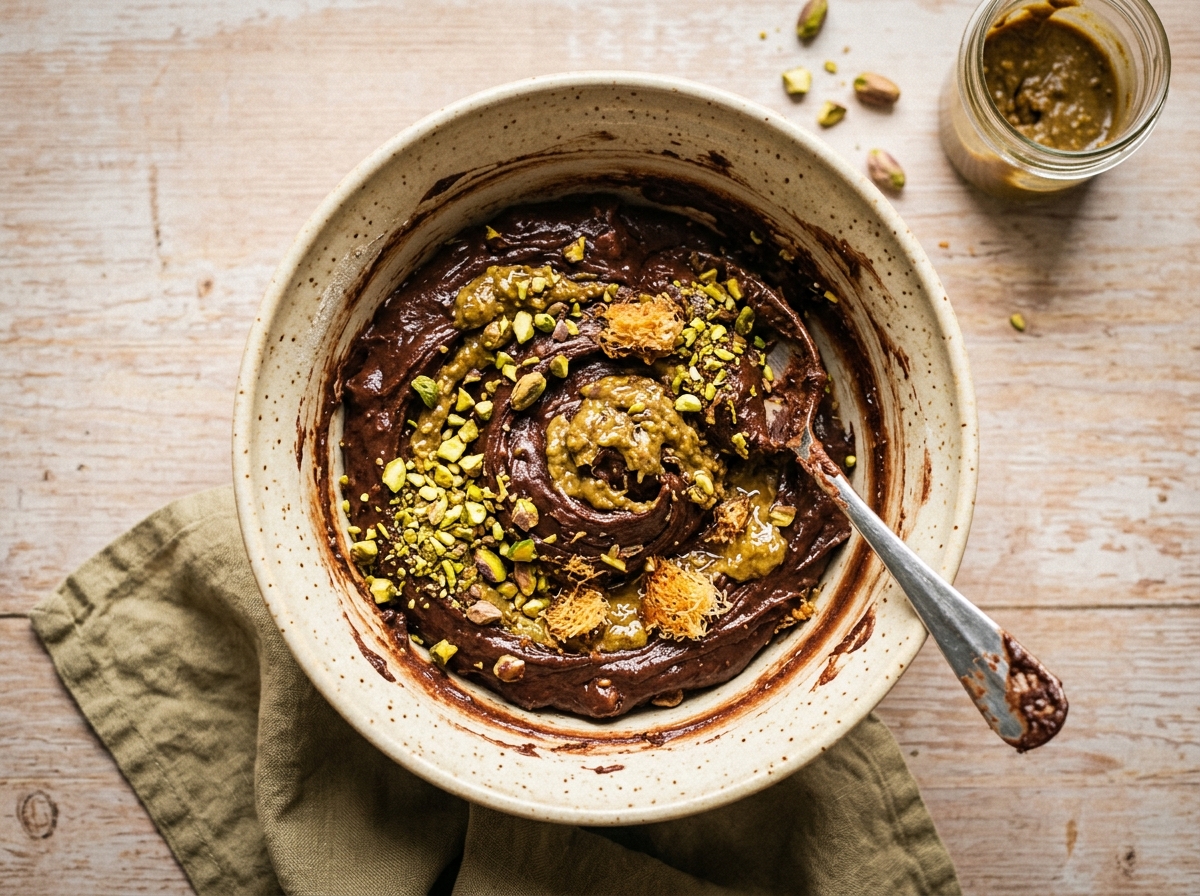 A cracked-open cookie revealing pistachio cream and crispy kataifi filling.