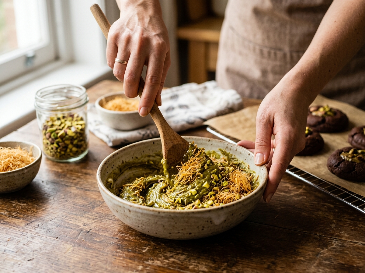 Hands wrapping cookie dough around a pocket of pistachio filling.